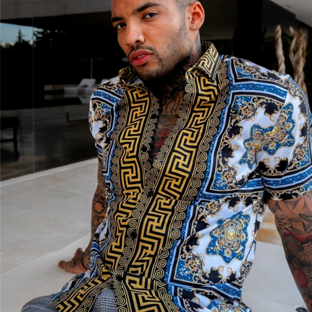 MCEDAR Printed Casual Short-Sleeve Shirt, 2XL, Blue,Black & Gold Multi
